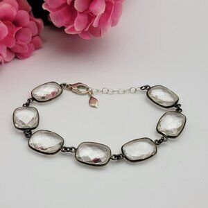 KF Signed Sterling Silver 925 Faceted Clear Crystal Beaded Chain Bracelet 8.5"
